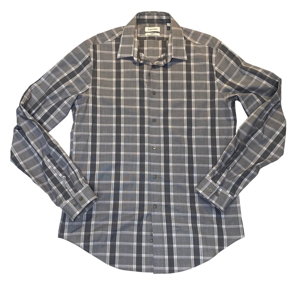 Calvin Klein Steel+ Mens Dress Shirt Slim Fit Stretch Grey Plaid 16.5 36/37‎ L